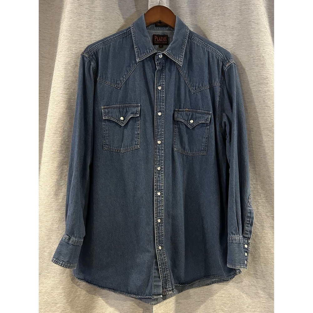 Vintage Denim Shirt Mens Large Tall Pearl Snap Sawtooth Plains Western Cowboy